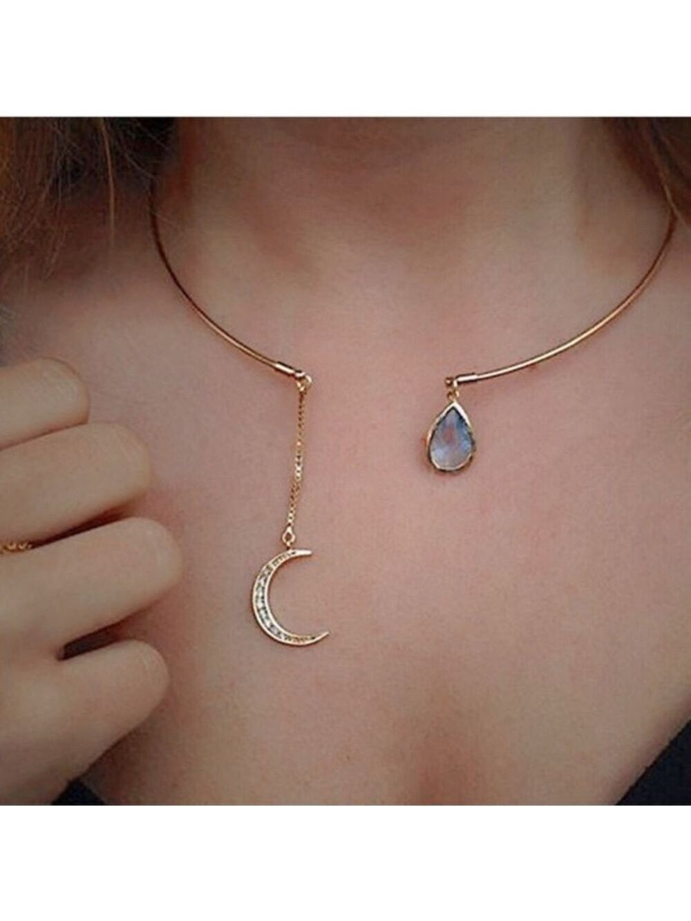 Gold Tone Blue Teardrop Crescent Moon Necklace Choker